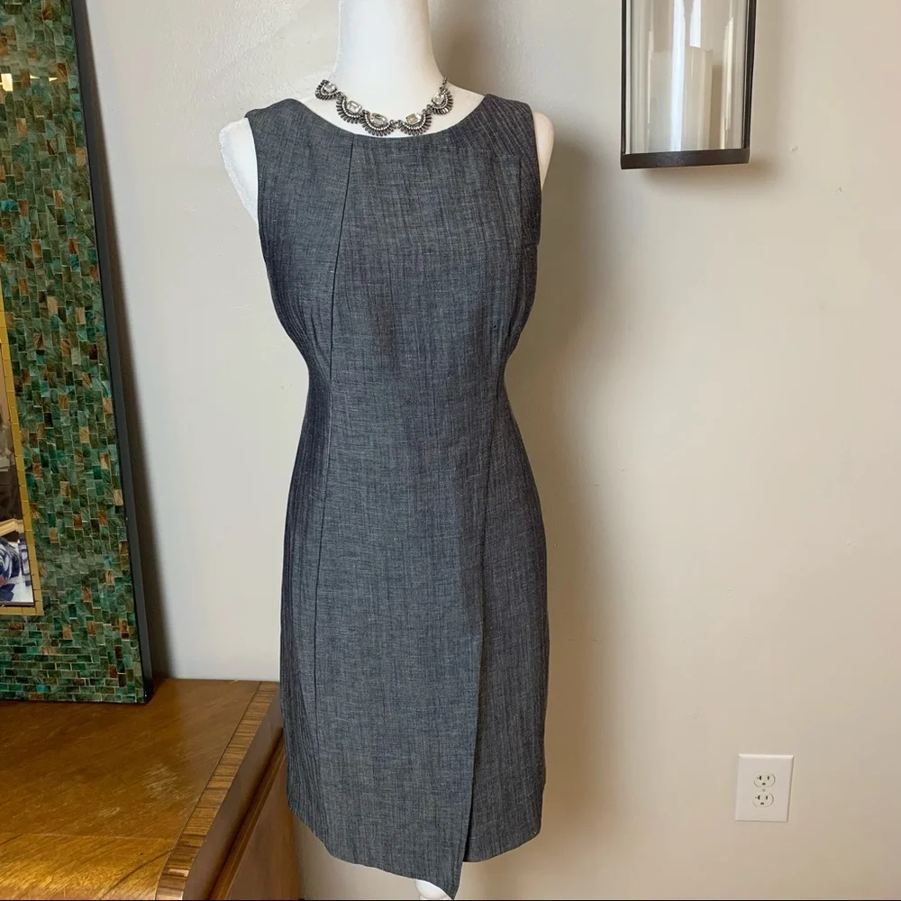 AKRIS Linen Wool Blend Sheath Dress W/ Asymmetrical Seaming Size 10.